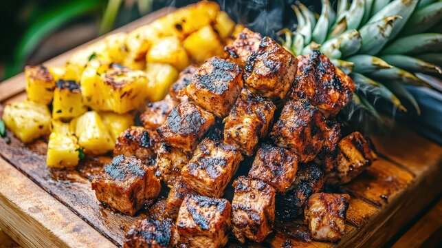 Grilled Jerk Chicken Cubes with Charred Pineapple on the Side