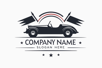 Obraz premium Classic Car Silhouette with Flags and Arches, Minimalist Design, Automotive Theme