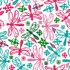 Seamless pattern with flying dragonflies. Vector illustration.