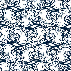 Monochrome seamless pattern with birds  in doodle style. Vector illustration.