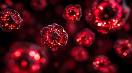 Glowing red abstract microscopic particles float in dark space