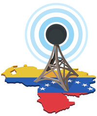 A broadcast antenna on a map of Venezuela with national flag colors (Yellow, Blue, Red). Blue signal circles represent communication. (cut out)