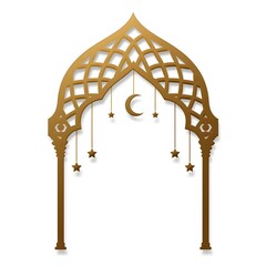 Ramadan sale poster with elegant islamic arch, golden geometric ornament, hanging crescent moons and stars