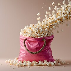 cute pink shopping bag overflowing with fluffy popcorn on plain beige background in playful minimal style for National Popcorn Day