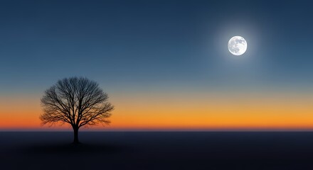 Solitary tree silhouetted against a vibrant sunset sky with a full moon