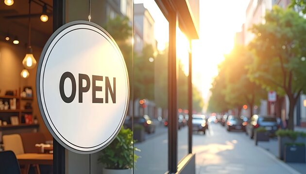 Welcoming 'OPEN' sign in a cafe window, reflecting a vibrant city street with beautiful golden hour sunlight.