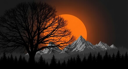 Dramatic silhouette of a bare tree against a fiery orange sunset over mountains