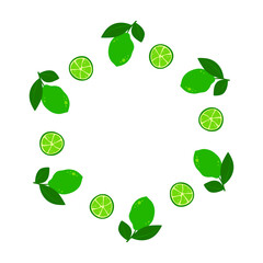 Round frame with whole lime and slices isolated on white background. Summer wreath with fresh ingredients and empty space for text.