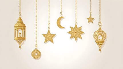 Ramadan social media banner with golden islamic hanging ornaments, lantern, crescent moon, star, mosque minimal design