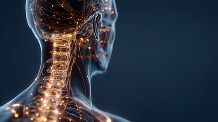 Illuminated neural pathways and spinal column are visualized within a translucent human silhouette from the back of the neck.
