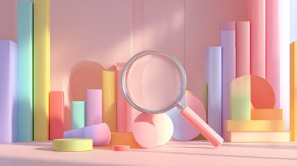 Magnifying glass rests on a pastel-colored abstract stage with geometric shapes resembling data visualization