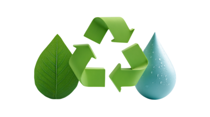 Green recycling symbol with leaf and water drop for ecology and sustainability concepts.