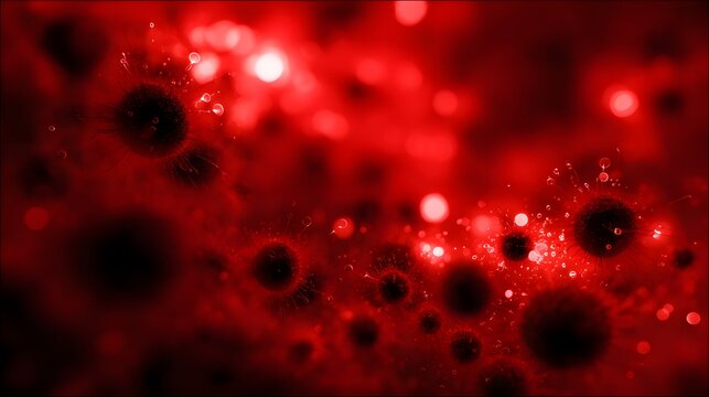 Abstract representation of microscopic cellular structures glowing with intense crimson light