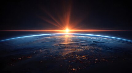 Brilliant solar flare illuminates the curve of a planet from space above city lights