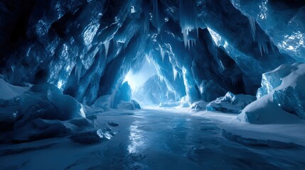 Glacial Ice Cave with Reflective Frozen Floor and Blue Walls