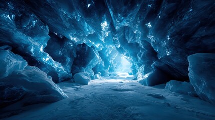 Blue Ice Cave with Crystalline Walls and Snowy Ground