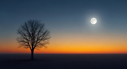 Solitary bare tree silhouetted against a vibrant sunset sky with a full moon