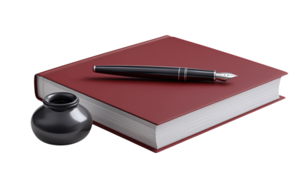 Red book with fountain pen and black inkwell for classic writing and literature concepts.

