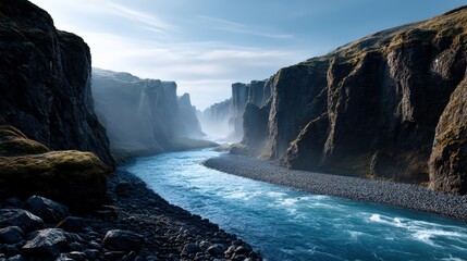 Canyon River Flowing Between Steep Cliffs