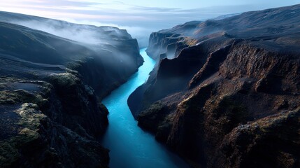 Blue River Running Through Canyon at Dusk