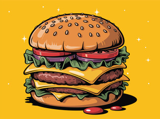 Burger Vector Illustration for Fast Food Design, Fast Food Burger Icon Vector Illustration, Cheeseburger Vector for Restaurant Branding, Burger Logo Vector for Food Business