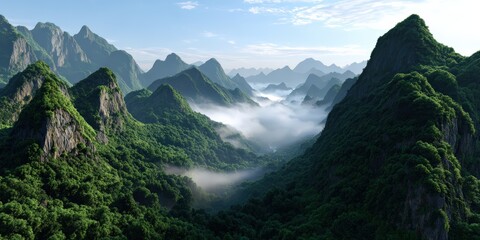 Misty Karst Mountains Covered in Lush Green Forest
