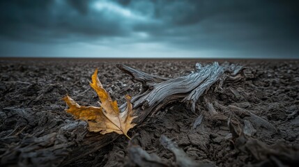 A single dried yellow leaf rests on weathered gnarled wooden branches in the cracked earth beneath a stormy gray sky