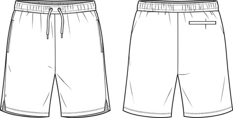 CAD drawing flat vector illustration of casual drawstring shorts front and back view, technical fashion sketch apparel design template © Ali
