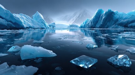 Arctic Icebergs Floating in Icy Sea