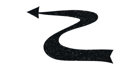 Hand drawn crayon movement black arrow. Grunge squiggly arrow. Pencil chalk lines sketch. Color brush scribble element. Doodle vector illustration.