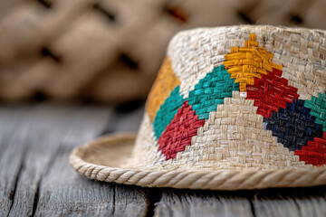 Cheerful woven straw hat featuring colorful geometric pattern details on rustic wood background evokes summer holiday nostalgia feeling