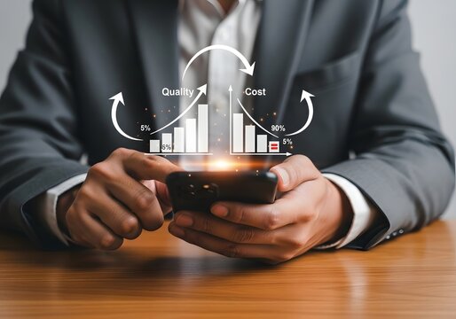 Person in suit using phone with quality and cost chart overlay showing business performance data - Powered by Adobe