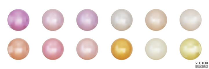 Set of 3D Realistic Pearl isolated on white background. Jewel gems, natural round shapes, jewelry element,  3d Vector illustratiion.