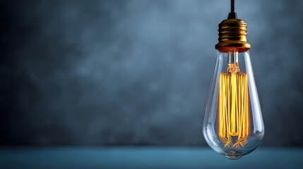 Illuminated incandescent light source hangs against a moody, dark background