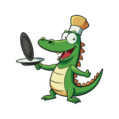 Happy Cartoon Crocodile Chef Holding Serving Tray with Lid alligator cook