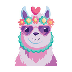 Obraz premium Pink Llama with Flower Crown and Heart Sunglasses on White Background alpaca animal