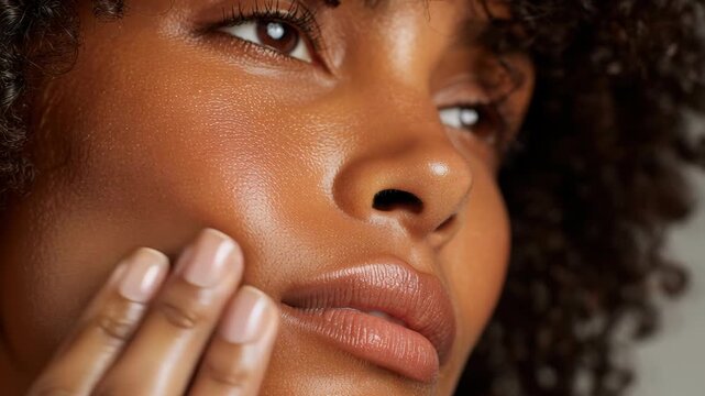 Young woman applying serum on her face. African 20s girl holding dropper and skin care product. Female applies essential oil with oily pipette. Advertising facial care cosmetics. Health, youth. Serums