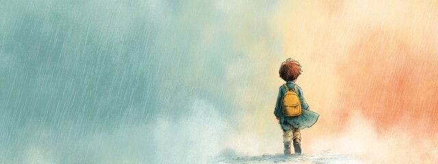 Child Walking Away Into Misty Rain with Pastel Colors in Soft Illustration Style