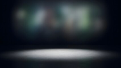 Obraz premium Abstract dark studio stage background featuring a prominent spotlight on the floor, creating an ideal empty space for digital product showcases, virtual presentations, and conceptual displays
