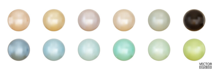 Set of 3D Realistic Pearl isolated on white background. Jewel gems, natural round shapes, jewelry element,  3d Vector illustratiion.