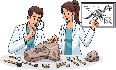 Illustration of paleontologists studying dinosaur fossils with tools, examining ancient bones and rocks, researching prehistoric life and scientific fossil discovery process © Ali