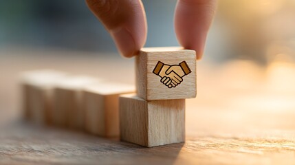 Human finger carefully places wooden block depicting handshake icon atop another block structure