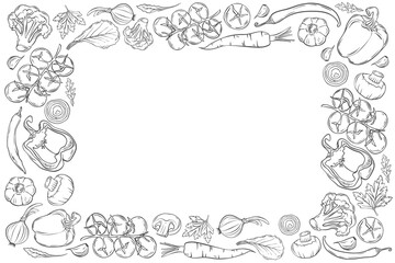 Doodle-style frame. Healthy eating. Hand-drawn outline icons of vegetables.