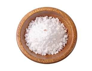 A wooden bowl filled with coarse sea salt crystals on a transparent background