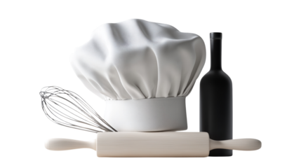 White chef hat with kitchen tools and bottle for culinary and baking designs.

