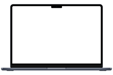 Silver laptop or ultrabook template for mockup. No background. Empty screen. Only frames. png. Front view. Opened laptop lid