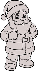 Cute Santa Claus character line art for children coloring book, merry Christmas holiday outline vector illustration, hand drawn black and white festive doodle