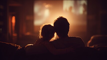 Silhouetted figures watch a projected light source in a dimly lit room