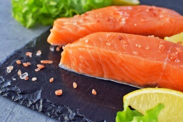 Fresh salmon fillet steak, raw fish meat.