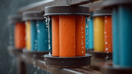 A close up of stacked multi colored filter cartridges made of plastic actively dripping water during a rainy day with moisture visible on their